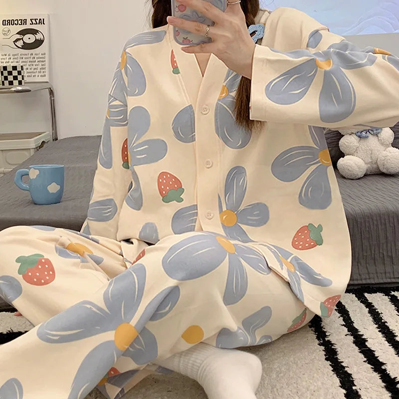 Women Spring and Fall Two-Piece Pajamas Cardigan Long-Sleeved Long Pants Thin Section Polka Dot Printing Maternity Homewear