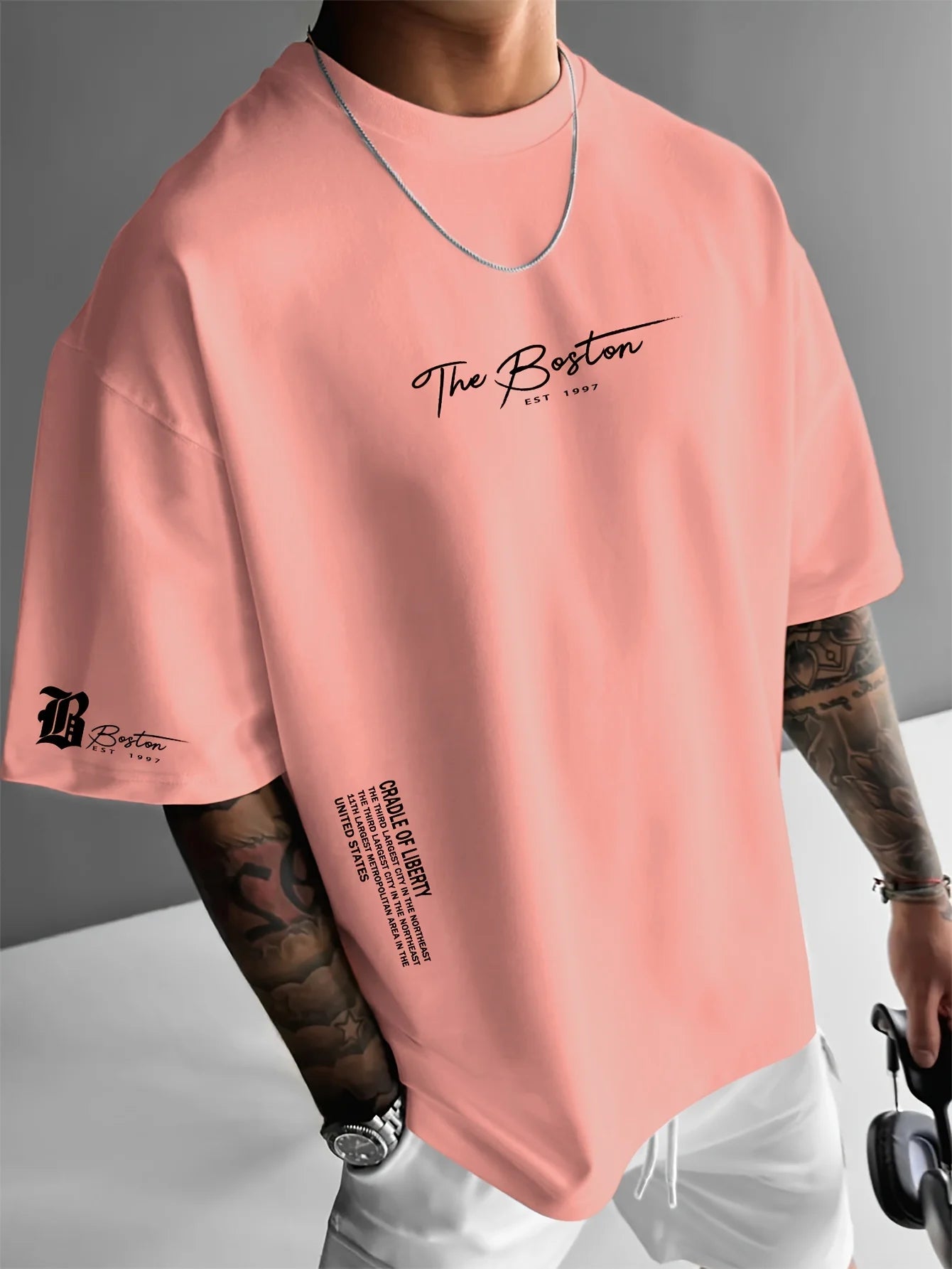 Men's summer 100 cotton fashionable casual sports loose Boston city slogan printed round neck short sleeved T-shirt top