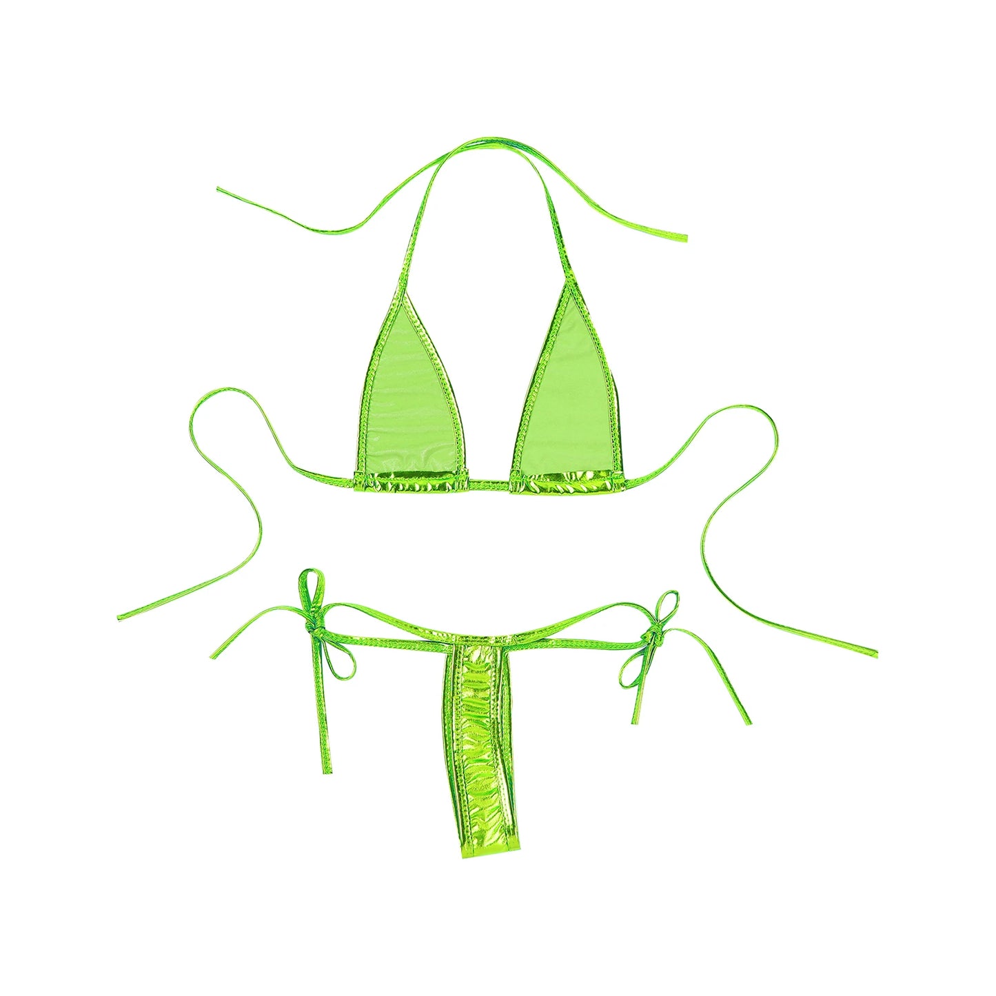 Womens Brazilian Micro Bikini Swimsuit Biquini Set Lacing Non-Padded Triangle Cup Bra Top with G-String Metallic Shiny Swimwear