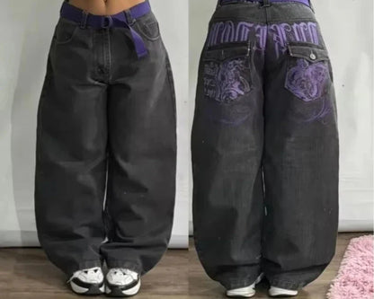 Street Vintage New Letter Embroidered Patch Yellow Washed Baggy Jeans Women Y2K Gothic Hip Hop Popular Couple Wide-leg Pants