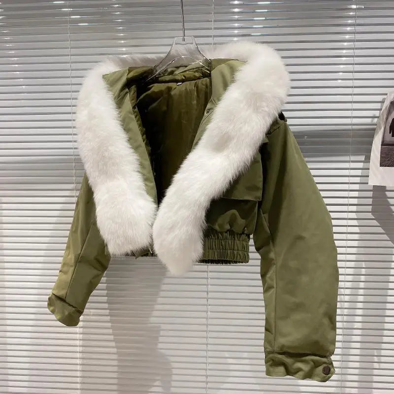 Big Fox Fur Collar Removable Rabbit Liner Short Coat Jacket for Women Winter Elastic Hem Hooded Jackets Wram Fashion Outwear