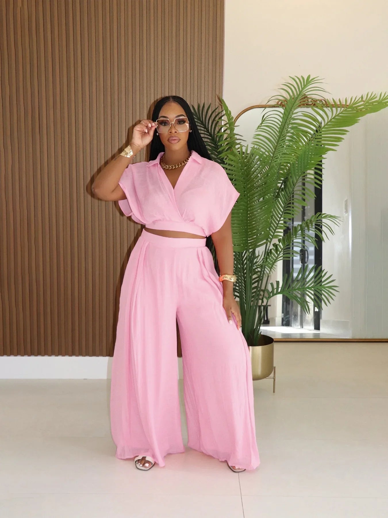 Fashion Summer Women's Set Turn Down Collar Blouse Top and Wide Leg Pants Suit 2025 Two 2 Piece Sets Outfit Tracksuit