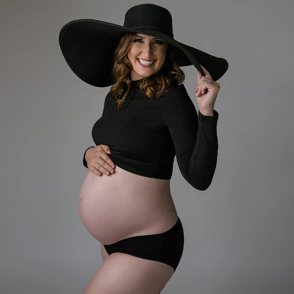 Maternity Long Sleeve T Shirts Womens Mock Neck Seamless Slim crop Tops For Pregnant photo shoot