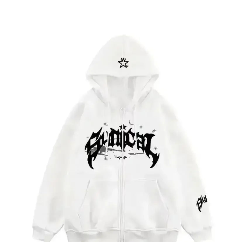 Men's Zipper Retro Hooded Sweatshirt with Star lettering Multi functional Casual Jacket, American Fashion 2025