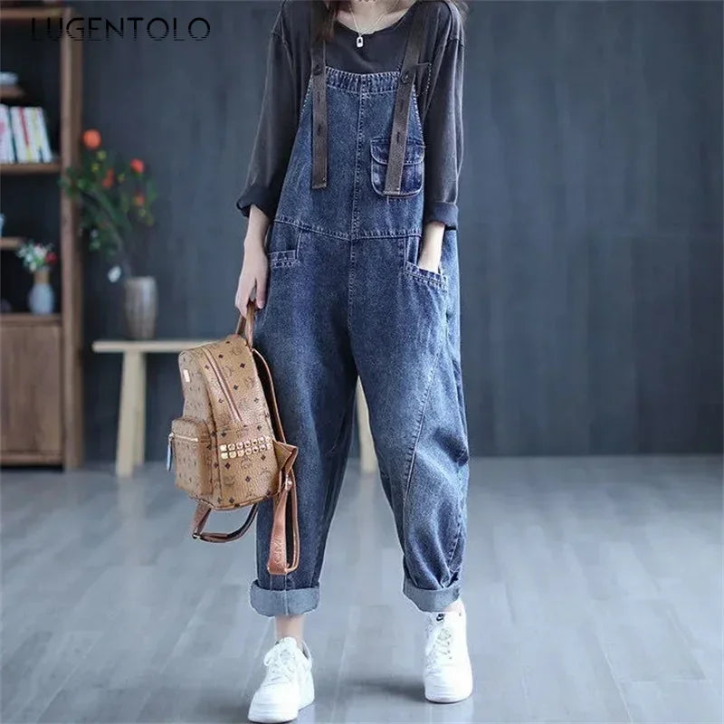 Jumpsuit Women Jeans Rompers New Retro Big Pocket Loose Denim Overalls Fashion Casual Wide-leg Pants Jumpsuits Cloth