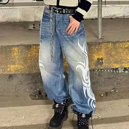 Y2K Street Retro Jeans Women Mottled Totem Print Loose Pants Fashion Hip Hop Trend Loose Couple American Straight Wide Leg Pants