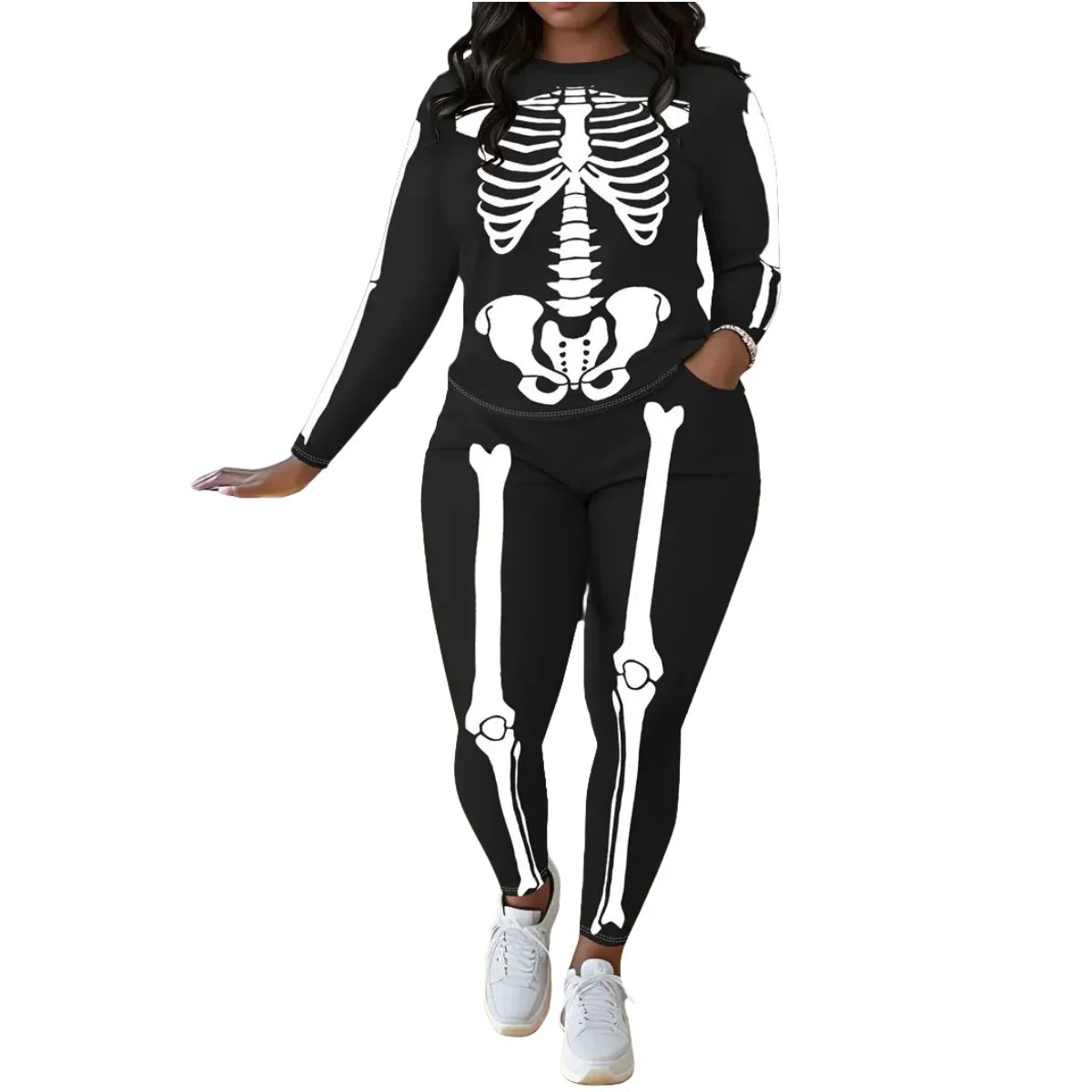 Plus Size Women's Clothing Casual Fashion Skull Print Round Neck Trousers Two Piece Set Halloween Plus Size Ladies Suit