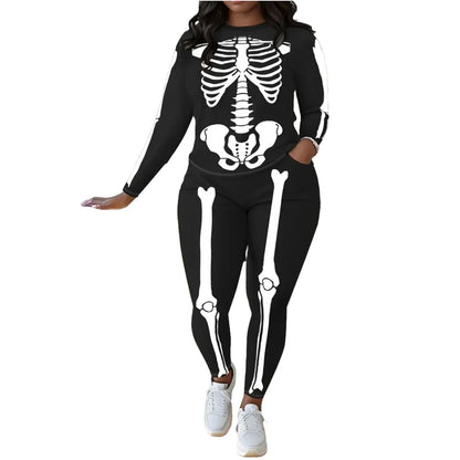 Plus Size Women's Clothing Casual Fashion Skull Print Round Neck Trousers Two Piece Set Halloween Plus Size Ladies Suit