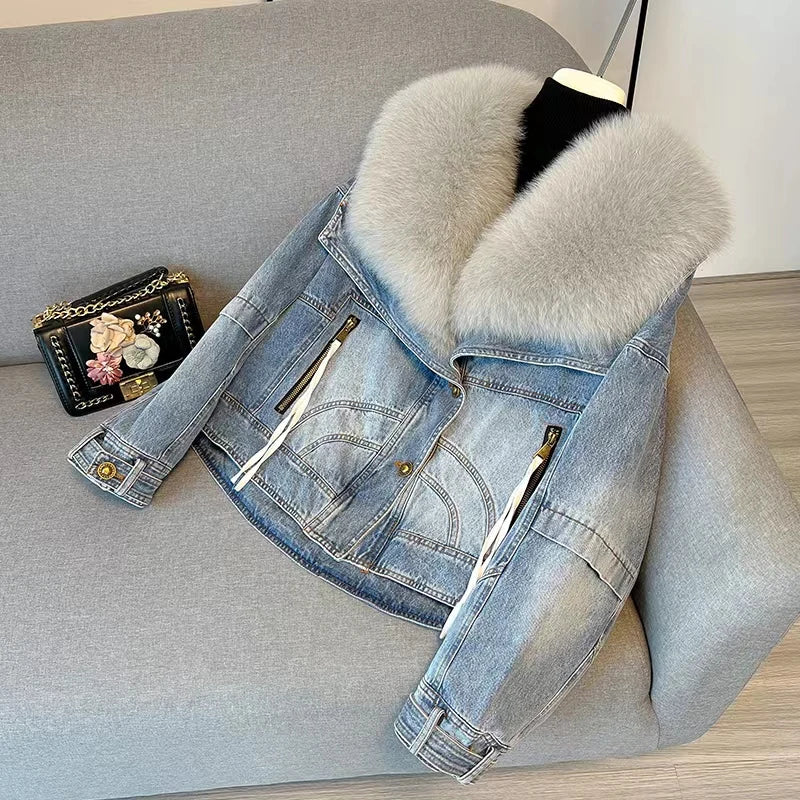 Womens Coats Spring New 100%Natural Real Fox Fur Collar Fashion Short Denim Jacket Luxury Goose Down Puffer Jackets Clothing