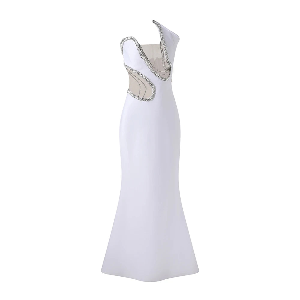 Women Mermaid Sexy White Sleeveless Bandage Long Dress Mesh Backless Strapless Diamonds Bodycon Party Evening Wedding Gowns