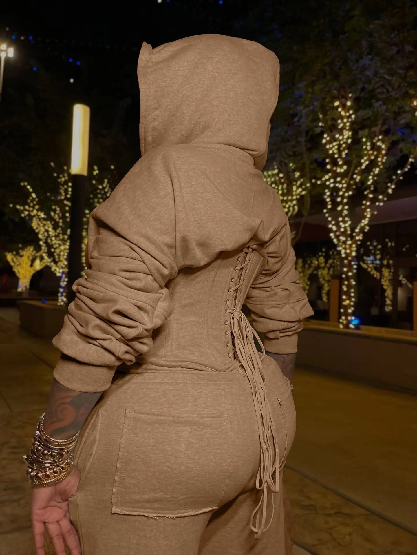 FAGADOER Casual 2 Pieces Set for Woman Outfits Solid Color Bandage Patchwork Hooded Crop Top and Pants Suit Female Streetwear