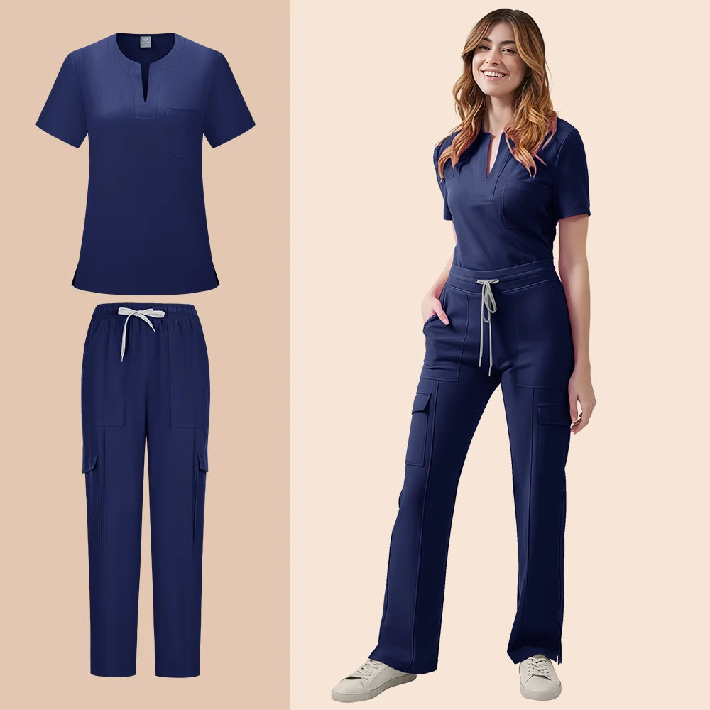 Medical Scrubs Uniform Women Nurse Scrub Set Pocket Top+Pants 2 Piece Suit Nursing Operating Room Clothes Beauty Salon Work Wear
