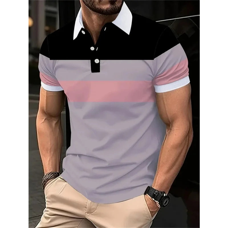 3D Print Striped Color Block Polo Shirt For Men Colorful Pattern T-Shirt Summer Casual Lapel Tops Loose Short Sleeve Street Tees