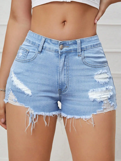 Ripped Raw Denim Shorts For Women Fashion A-line Hem Female Summer Hot Pants Streetwear Blue Clothing Skinny Sexy Retro Leisure