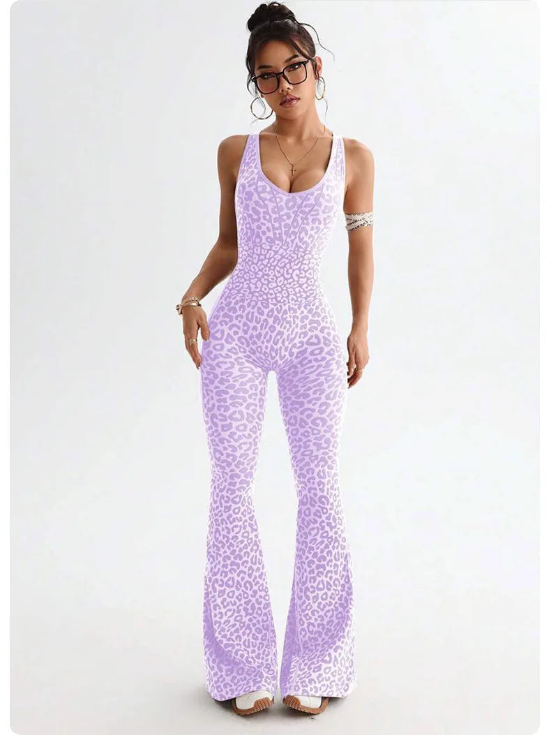 New Leopard Print Bodysuit Women Seamless Flared Pants Jumpsuits Sexy One-piece Fitness Suit Cross Back Stretchy Yoga Jumpsuits