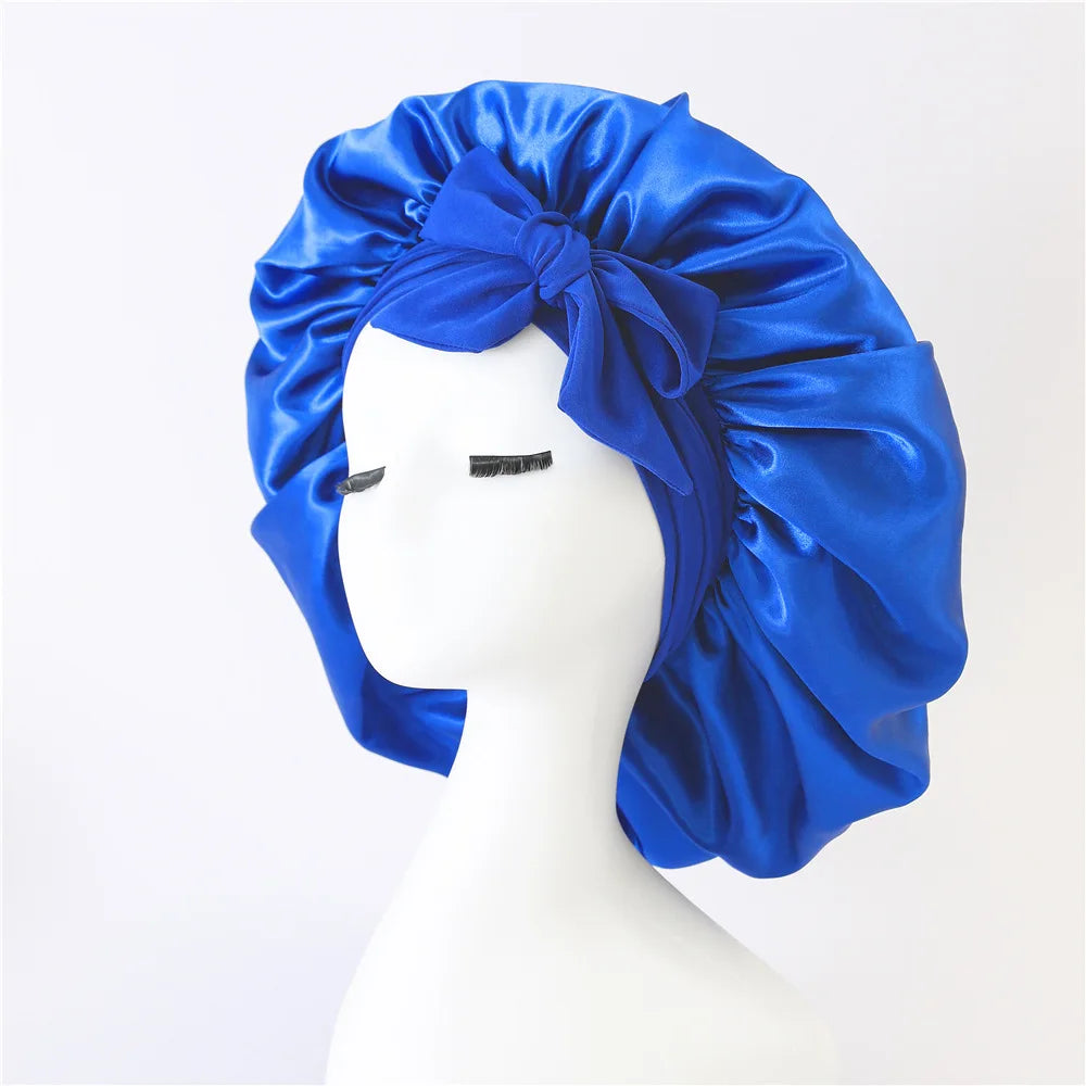 Women Satin Tie Bonnet Spandex Wide Stretchy Band Long Tail Satin Cheveux Nuit Silk Sleeping Night Cap Bonnets for Women