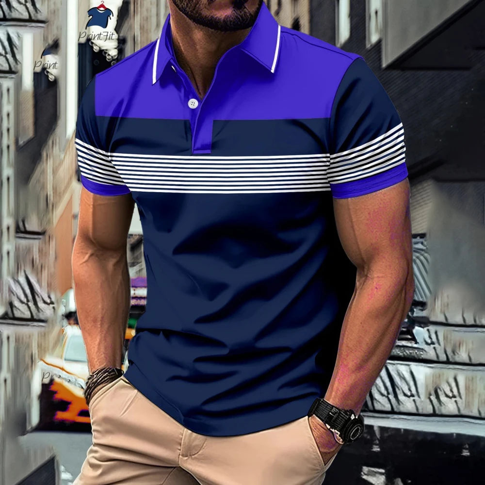 New Summer Striped Patchwork Striped Men's Polo T-shirt Fashion Lapel Button Sports Trend Street Wear Short Sleeve Top Men Shirt