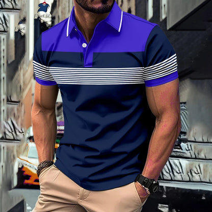 New Summer Striped Patchwork Striped Men's Polo T-shirt Fashion Lapel Button Sports Trend Street Wear Short Sleeve Top Men Shirt