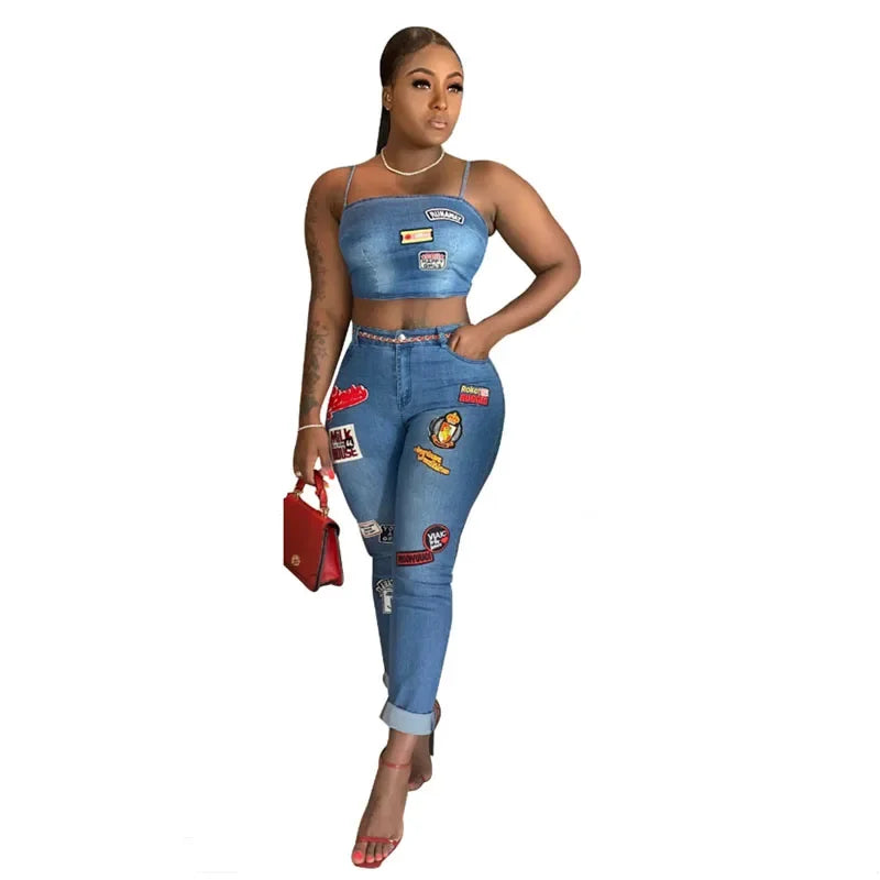 Jeans Outfits 2025 & 2026 Women Clothes Sets 2 Piece Birthday Party Club Sexy Crop Top and Pants Denim Two Piece Mathcing Set