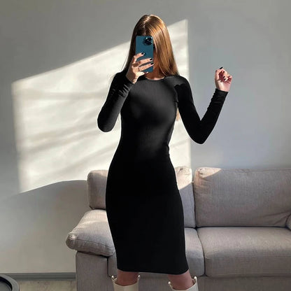 Autumn Winter New Dresses Women Fashion Casual Slim O-Neck Long Sleeves Elegant Dress Sexy Black Female Club Party Maxi Dresses