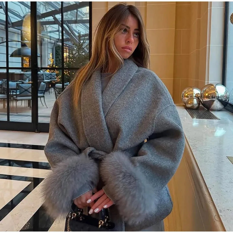 Elegant Lace Up Woolen Short Coat Solid Loose Lapel Furry Belt Long Sleeve Jacket Female 2025 Autumn Winter Lady Chic Cardigan