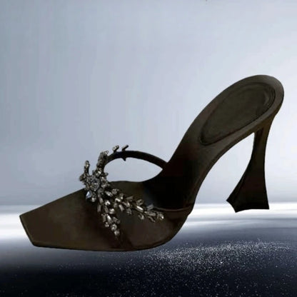 2025 NEW High Quality Luxury Heels Women's Sandals Designer Shoes Rhinestone Square Toe Open Toe Slides Женская Обувь