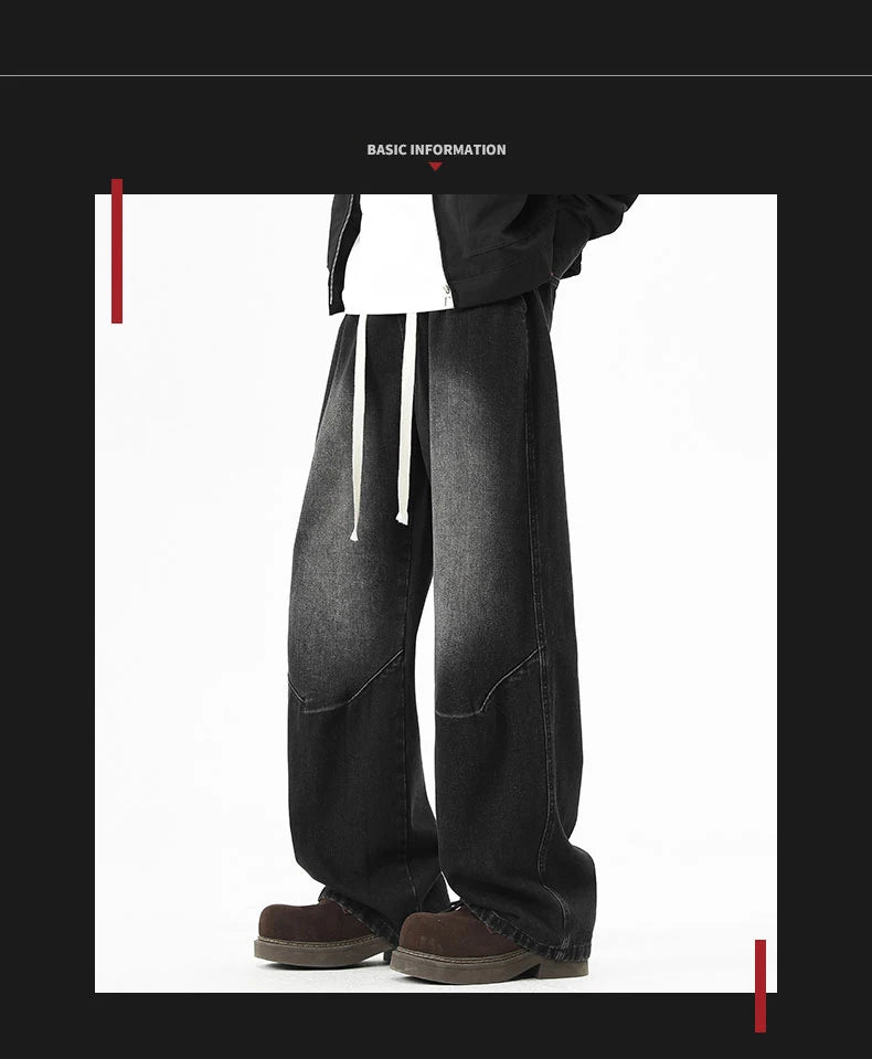 2025 Hip-hop Baggy Denim season elastic waist New Korean Men's Jeans American Loose Fit Wide-leg Straight Casual Trousers Street