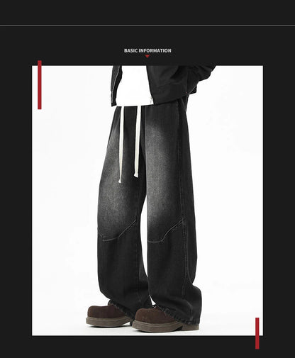 2025 Hip-hop Baggy Denim season elastic waist New Korean Men's Jeans American Loose Fit Wide-leg Straight Casual Trousers Street