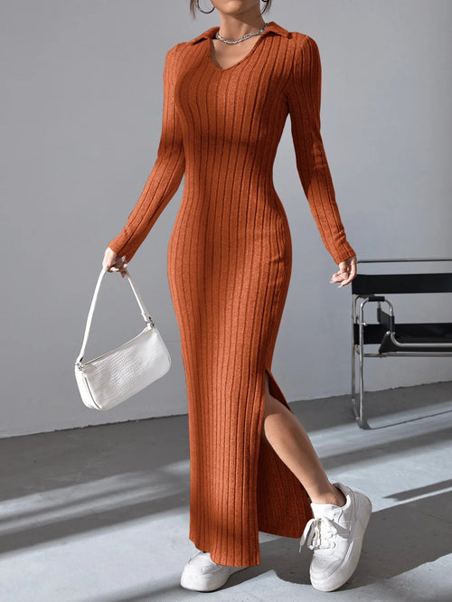 Long knitted fitted lapel pit strip tight long-sleeved dress for autumn/Winter 2025