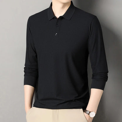 Autumn new men's long sleeved cotton polo shirt, middle-aged business, comfortable, solid color, loose men's lapel T-shirt