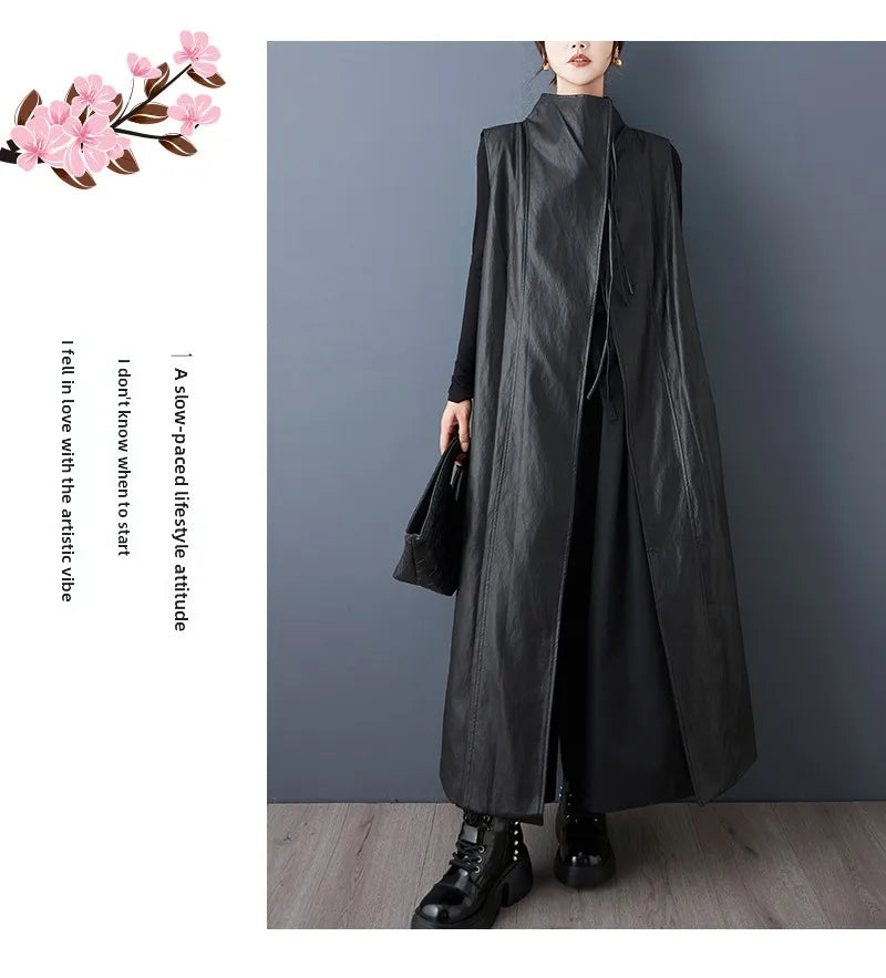 Casual Loose PU Leather Jaet Long Stand Collar Windbreaker Outerwear Faionable Design Sense Asymmetrical High-End Feeling