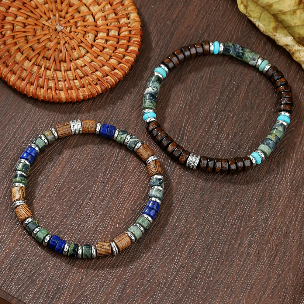 2PC/SET  Man's Tribal Wooden Beads Bracelet Set for Men Bohemia Beaded Natural Lapis Lazuli Stone Bracelet Man Pulseras Hombre