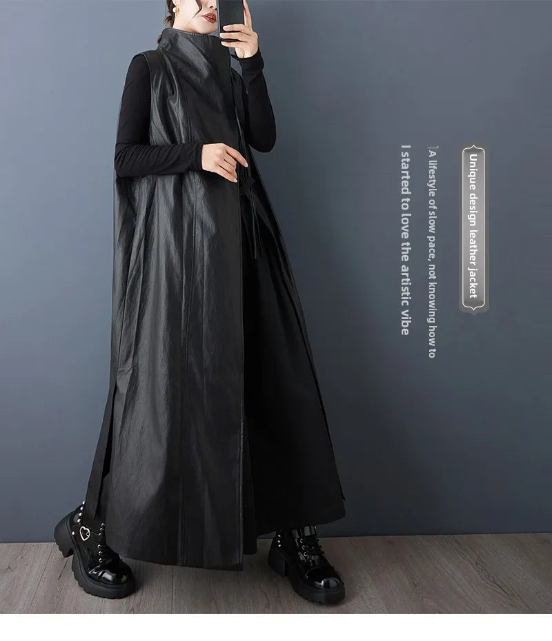 Casual Loose PU Leather Jaet Long Stand Collar Windbreaker Outerwear Faionable Design Sense Asymmetrical High-End Feeling