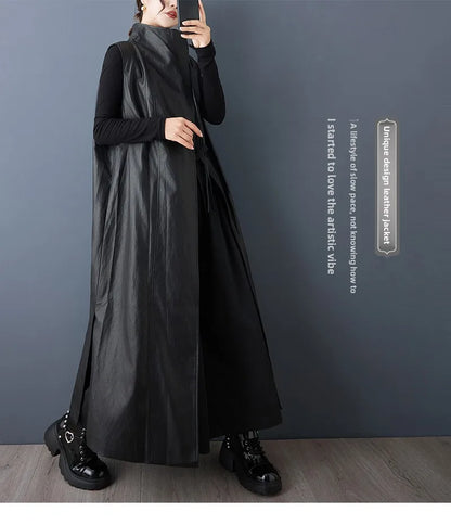 Casual Loose PU Leather Jaet Long Stand Collar Windbreaker Outerwear Faionable Design Sense Asymmetrical High-End Feeling