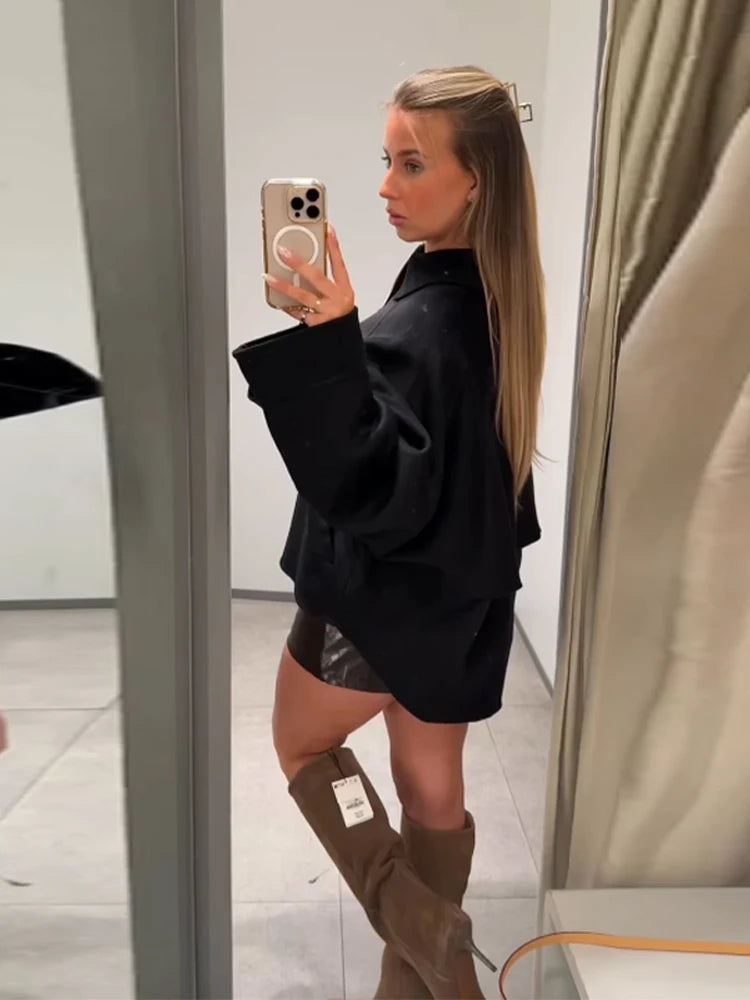 Woolen Zipper Loose Short Jacket Women Long Sleeve Lapel Solid 2025 Autumn Winter Commute Coat Street Office Warm Ladies Outwear