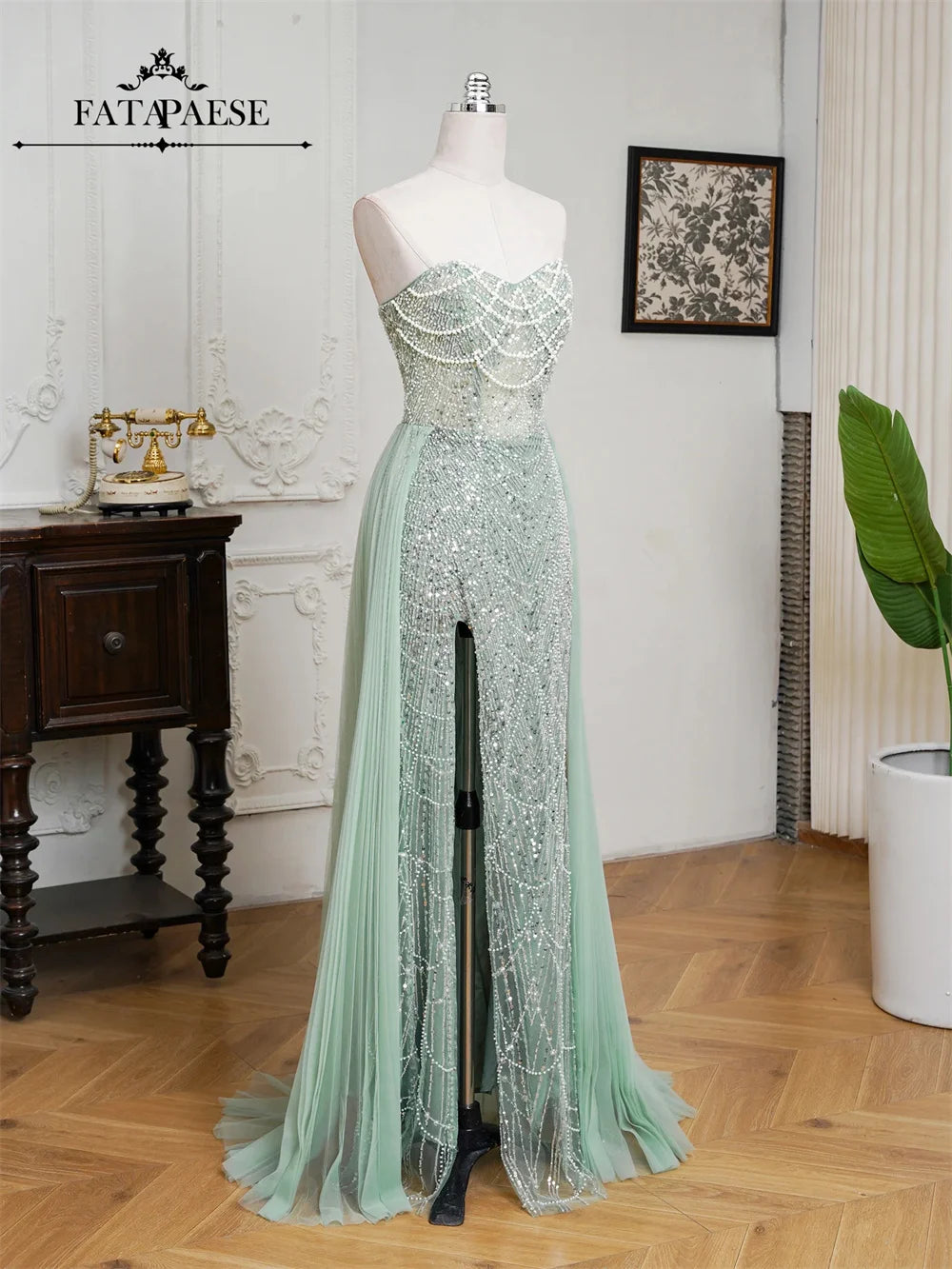 FATAPAESE Glamour Sequin Pearls Luxury Evening Dresses Sexy Tulle Train Party Dress for Wedding Charity Prom Award Ceremony