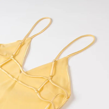 HH Women Summer Yellow Stain V Neck Sling Dress Elegant Sleeveless Loose Maxi Robes 2025 New Ladies Party Holiday Dresses