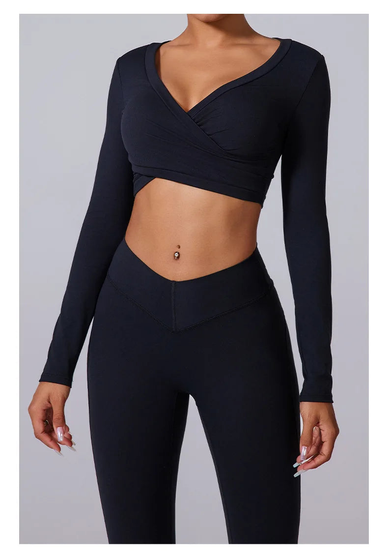 2 Pieces Wrap Front Gym Fitness Suit Women Long Sleeve Legging Workout Yoga Set Sports Bra Short Sports Clothes Tracksuit Female