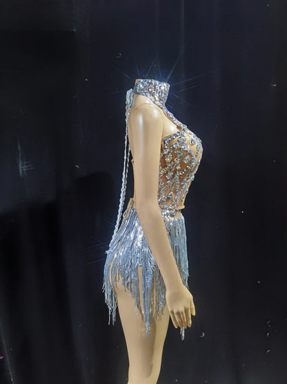 Luxurious Blue Diamond Sparkling Tassel Jazz Dance Performance Clothing Basketball Baby Performance Clothing Cheerleading Short