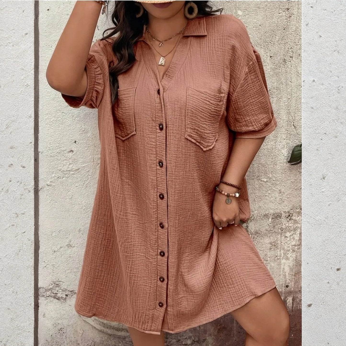New Women'S Fashion Casual Solid Color Buttoned Mid-Length Short Sleeve Loose Dress Vestidos Para Mujer Ropa De Mujer 신상원피스