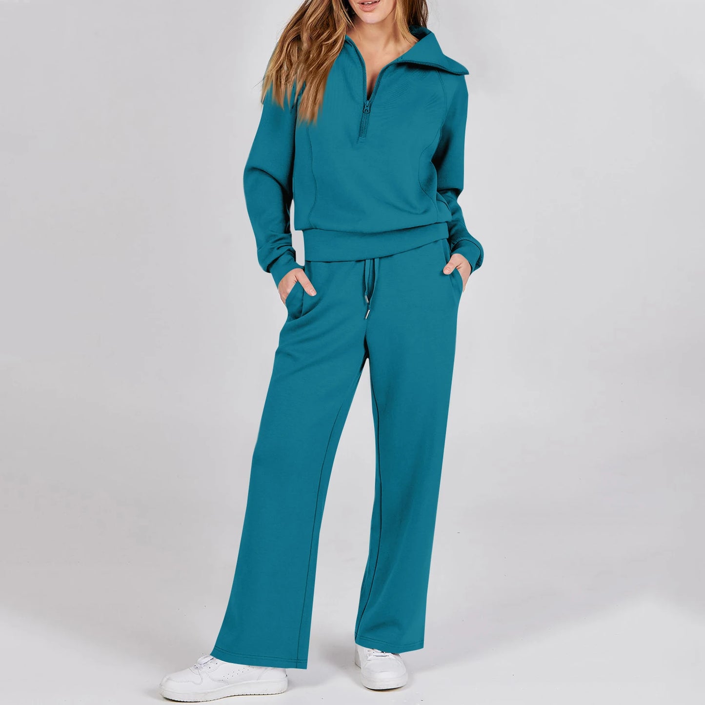 Solid Two-piece set Women Fashion Long Sleeve Zipper Sweater Pullover Tie up Pocket Wide Leg Pant Suit Loose Casual Sport Sets
