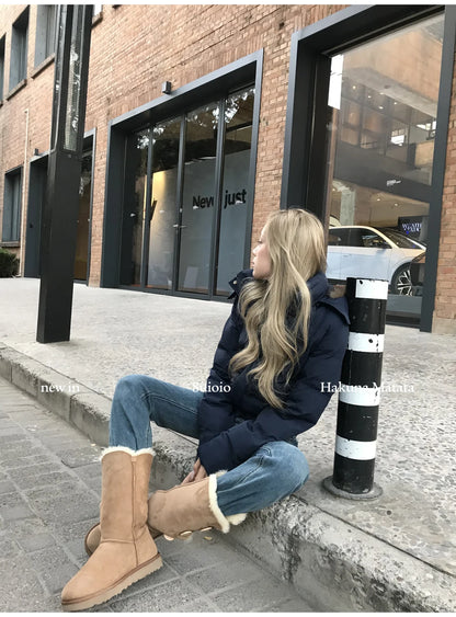 Autumn Winter Fur Hooded Jacket Women Outerwear Thick Dowon Cotton Padded Slim Short Parkas Female Cropped Puffer Bubble Coat