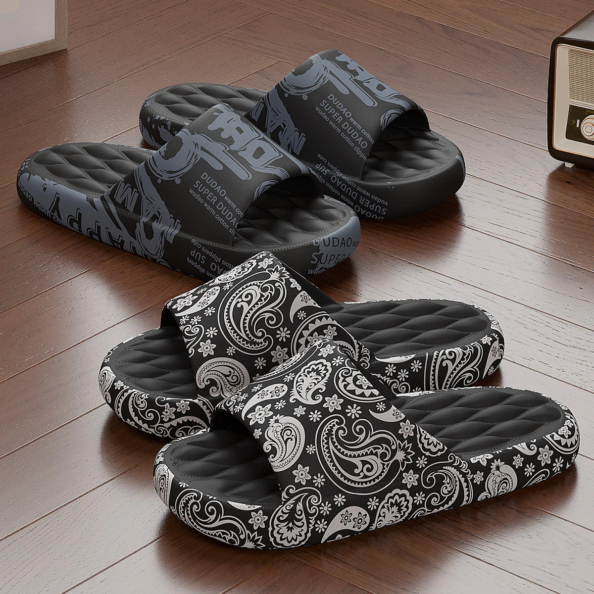 Plus Size 48 Graffiti Bear Printing Men Slippers Sole EVA Indoor Open Toe Flip Flops Beach Slides Flat Sandals Slide