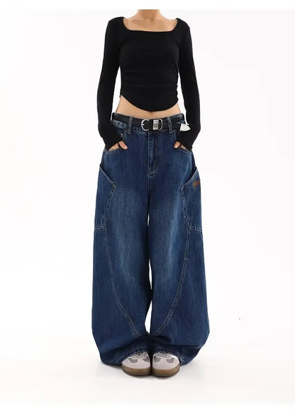 American Retro Knife Pocket Wide Leg Jeans Women's Spring Autumn Style Hot Girl High Street Design Loose Floor-Length Pants