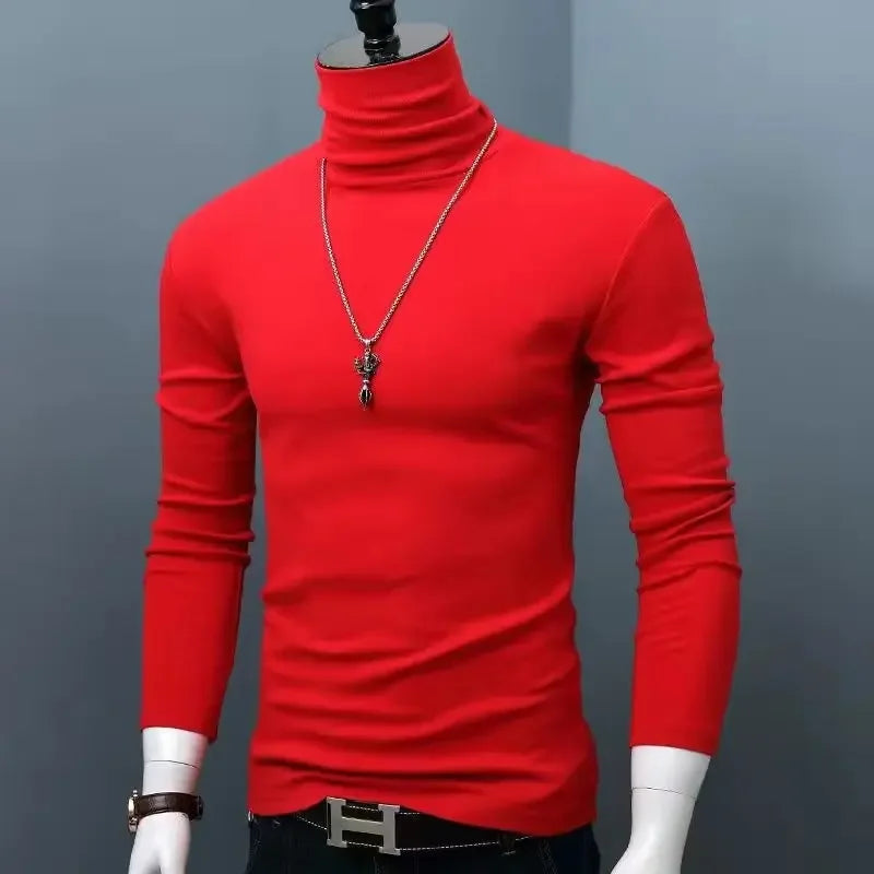 Slim Fit High Collar Long Sleeve Men's Base Shirt Inner Wear Simple Pure Color Large Size Warm Autumn Winter T-shirt Trendy Bran