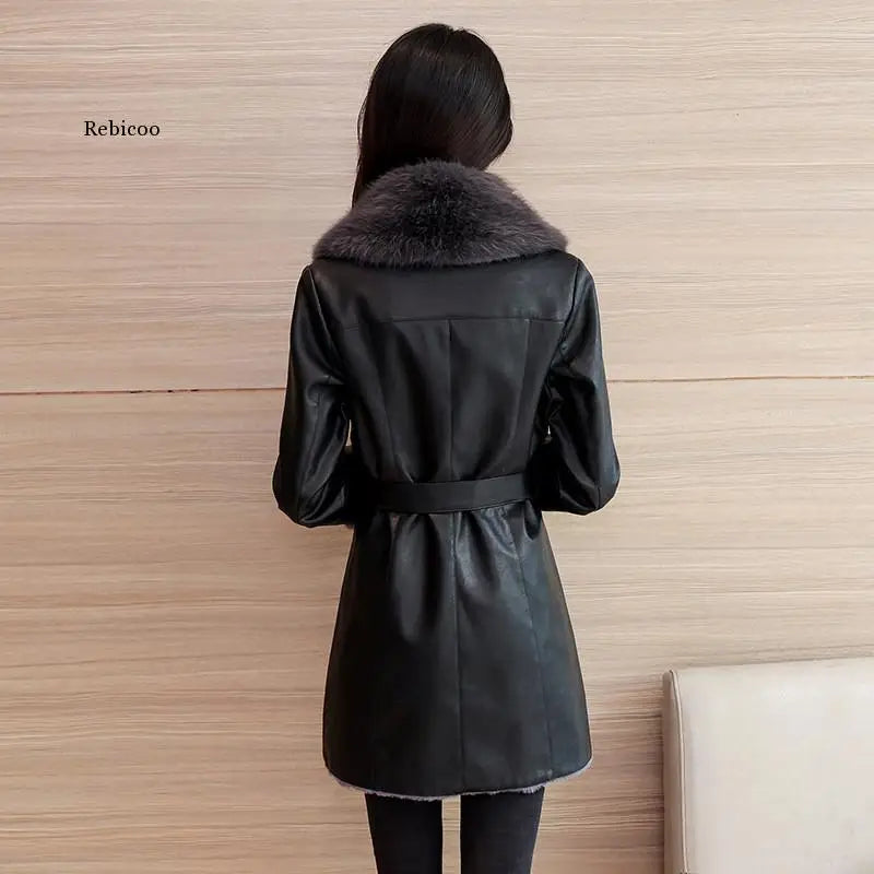 Winter Leather Jacket Women's Fashion Fur Collar Black Casual Warm Coat Female Quality PU Leather Overcoat Ladies