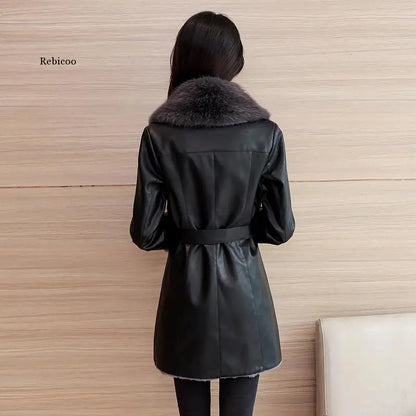 Winter Leather Jacket Women's Fashion Fur Collar Black Casual Warm Coat Female Quality PU Leather Overcoat Ladies