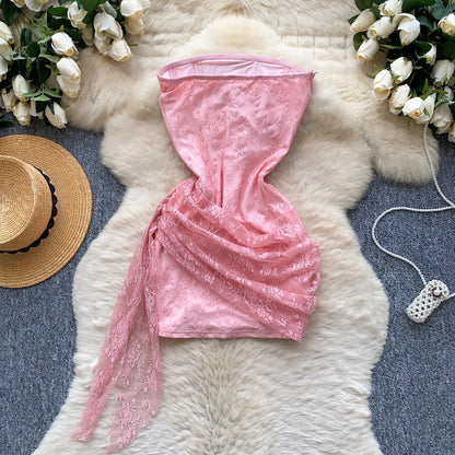 SINGREINY French Strapless Sexy Short Dress 2025 Heart Hollow Out Beading Sundress Backless Corset Lace Beach Mini Dress