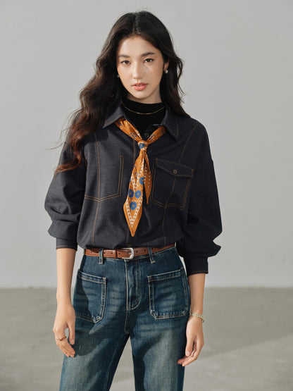 Casual Contrast Stitch Shirt Jacket Loose Long Sleeve Blouse for Women Stylish Collared Overshirt for Autumn Layered Slim Look