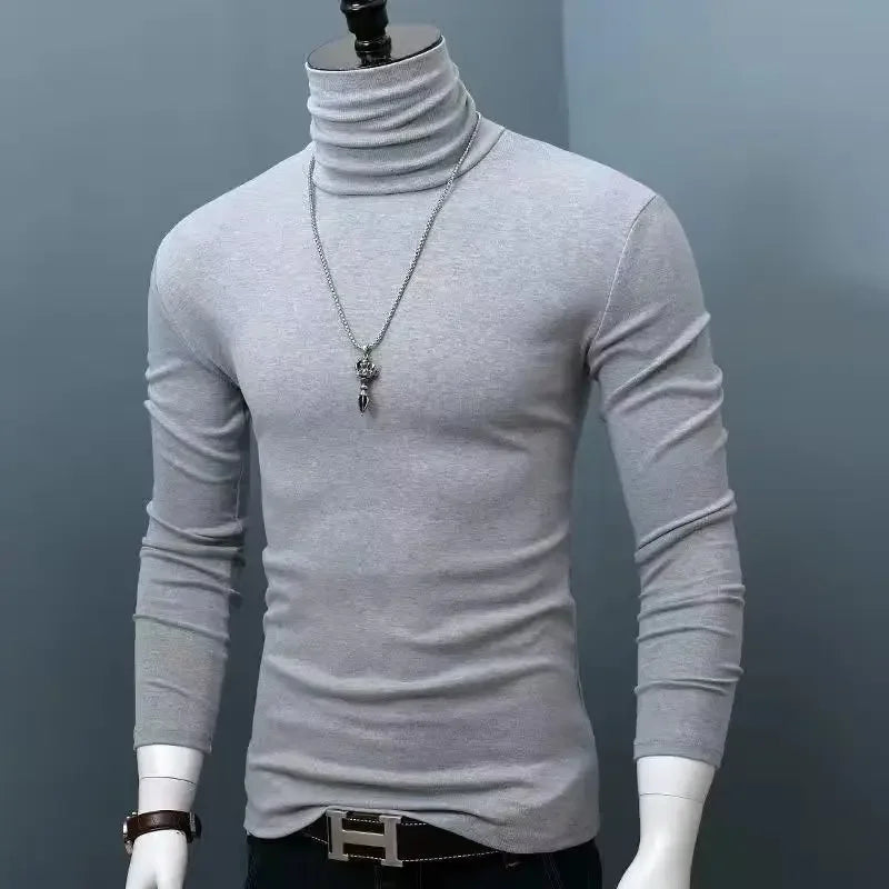 Slim Fit High Collar Long Sleeve Men's Base Shirt Inner Wear Simple Pure Color Large Size Warm Autumn Winter T-shirt Trendy Bran